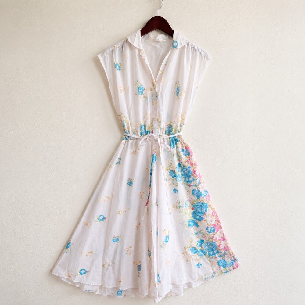 Concepts Vintage 70s Romantic Cotton Floral Midi Shirt Dress Tie Waist Small